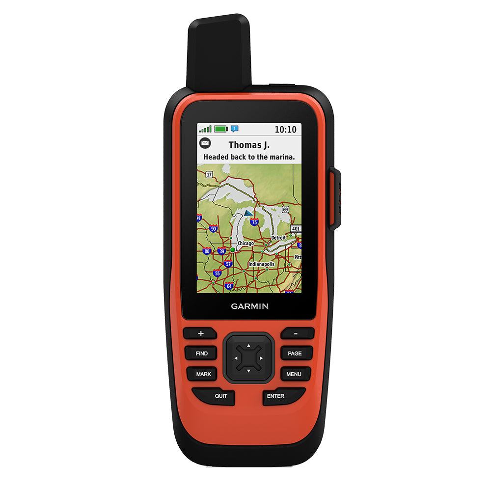 Garmin GPSMAP 86i handheld GPS with inReach satellite communication and worldwide basemap showing map and message on screen