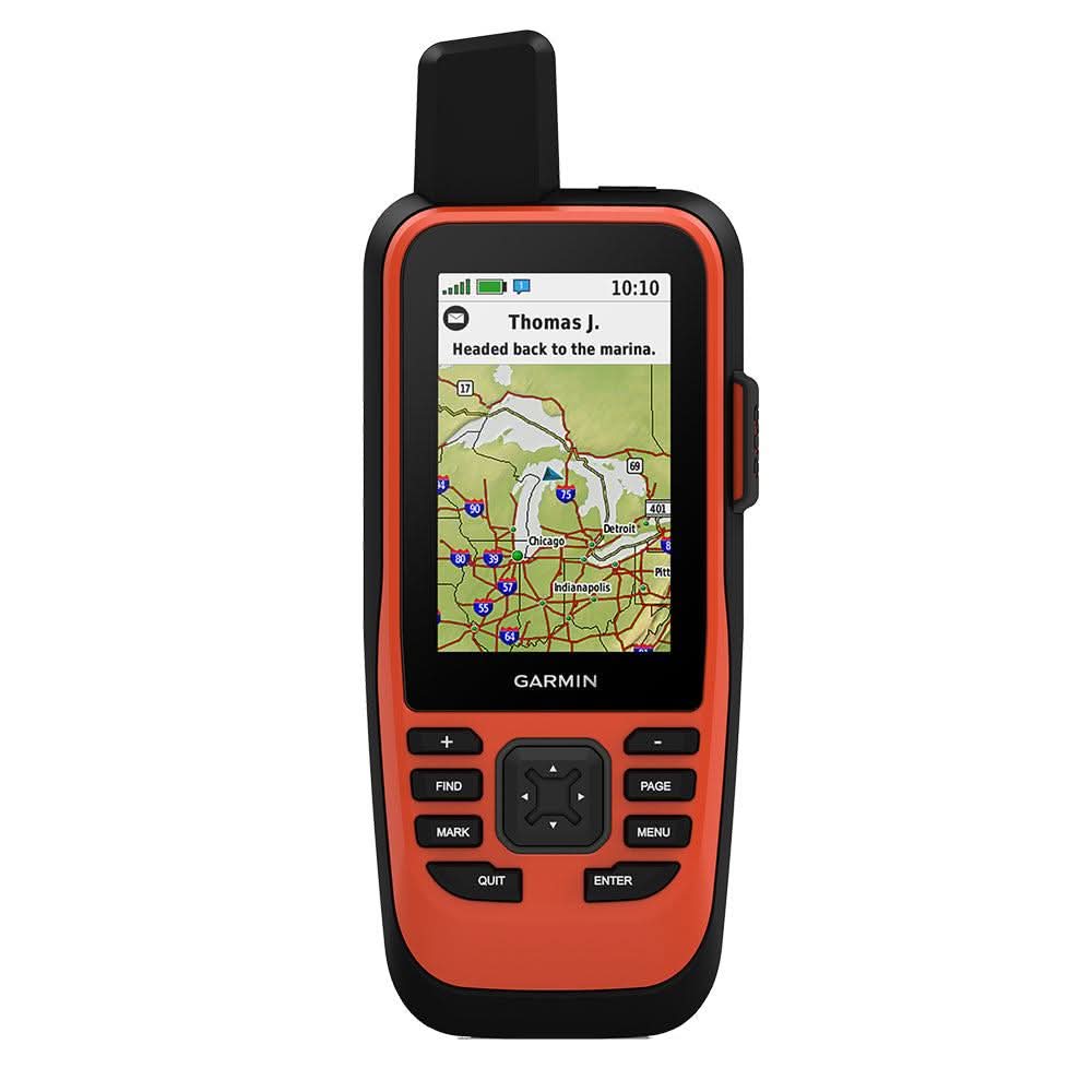 Garmin GPSMAP 86i handheld GPS with inReach satellite communication and worldwide basemap showing map and message on screen
