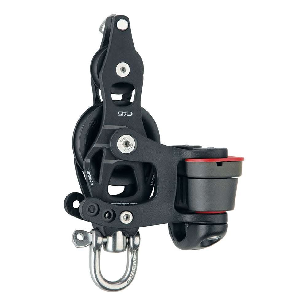 Harken 45mm single aluminum element fiddle block with swivel, becket, and 150 cam cleat