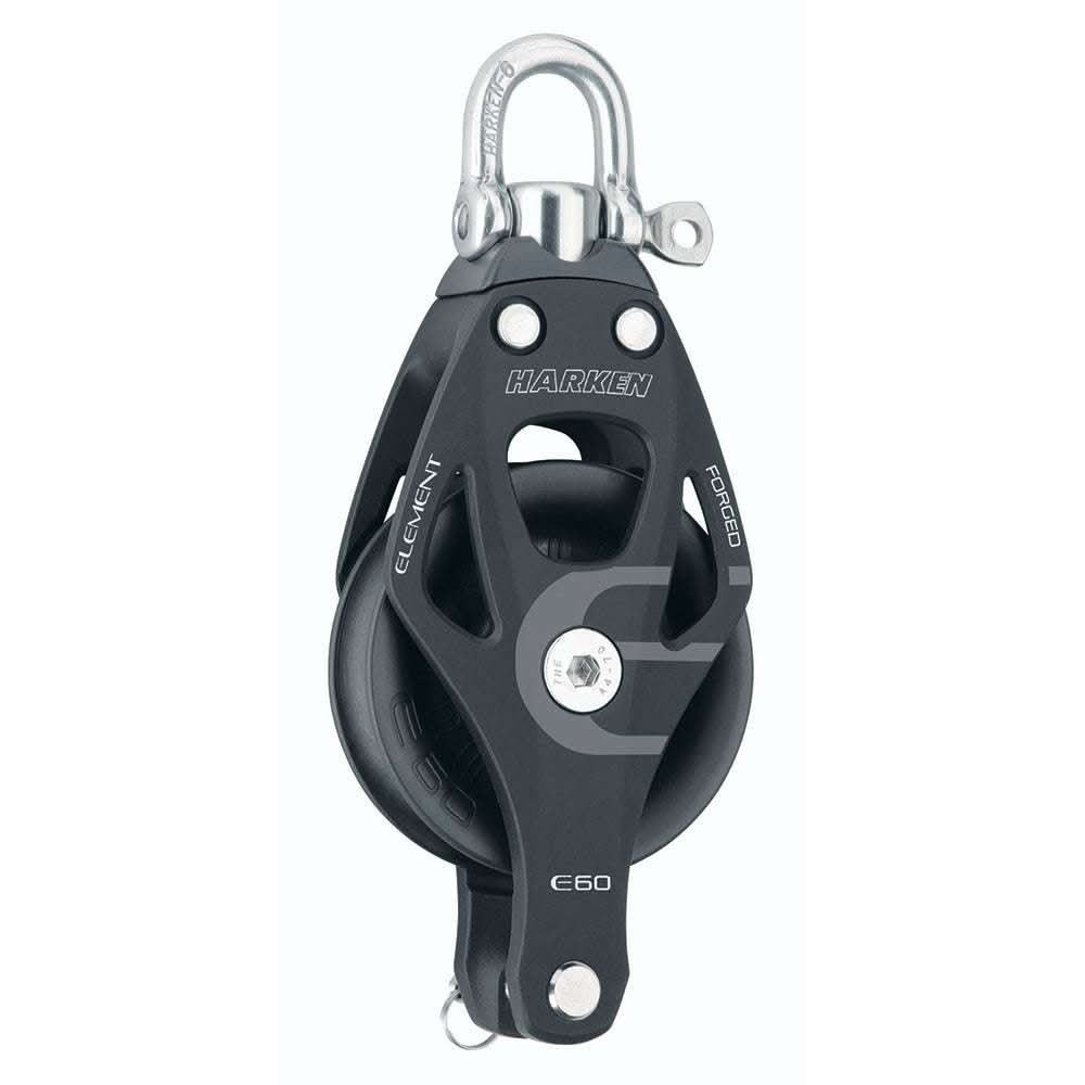 Harken 60mm aluminum single element block with swivel and becket, black and silver marine hardware