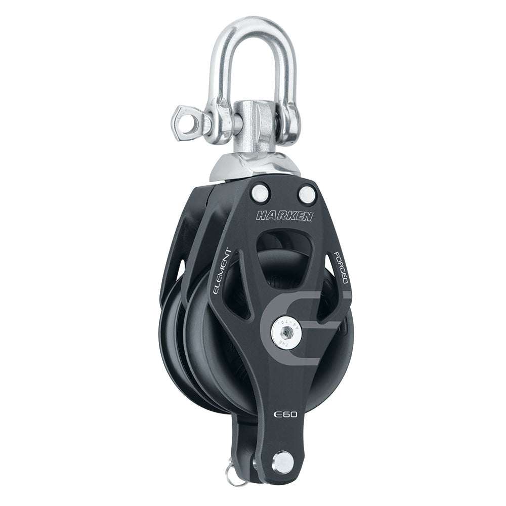 Harken 60mm double aluminum element block with swivel and becket, corrosion-resistant sailing pulley block.