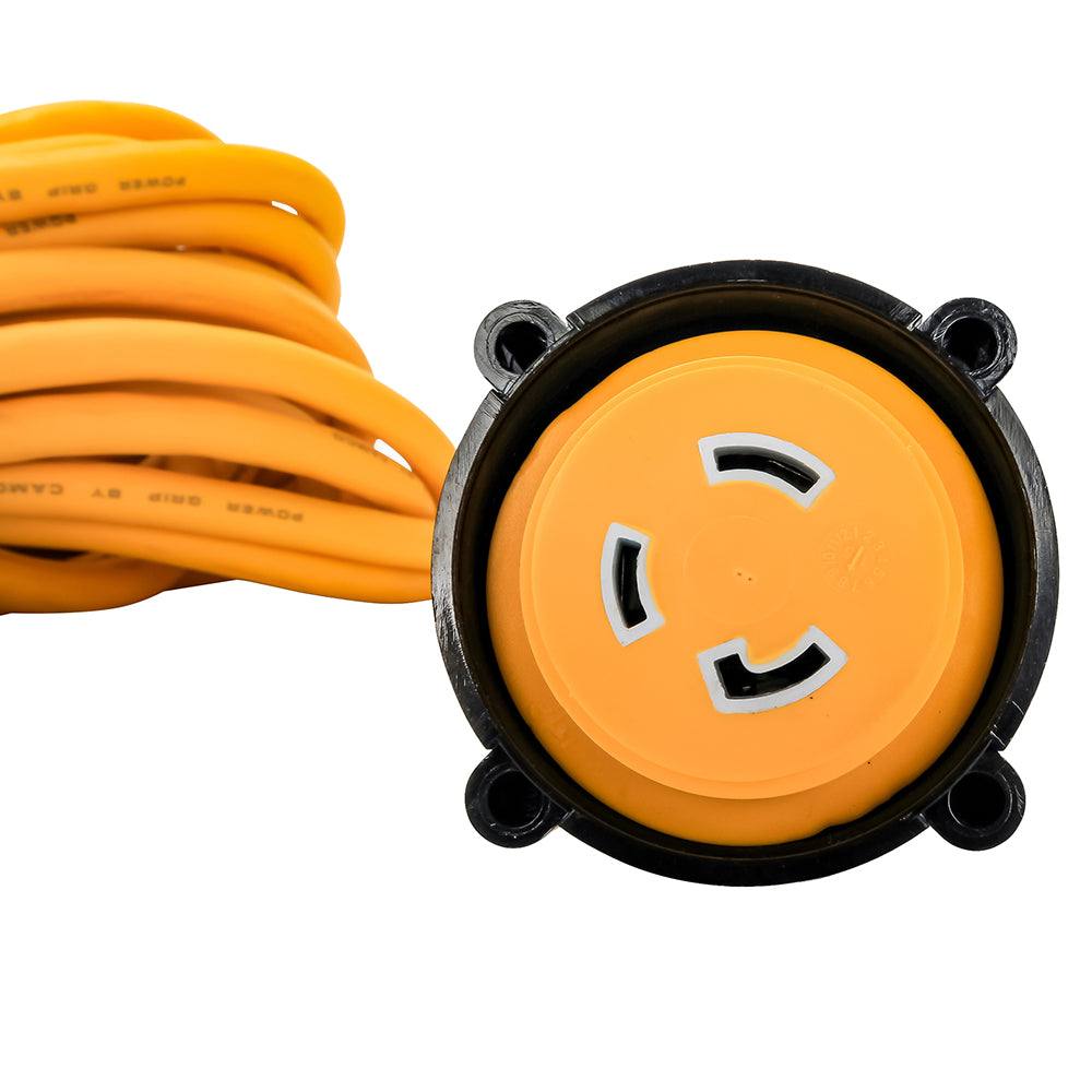 Camco 30 Amp Power Grip Marine Extension Cord 50 foot with yellow heavy-duty locking connectors and PVC sheath