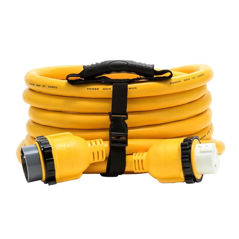 Camco 50 Amp Power Grip 25-foot yellow marine extension cord with locking connectors and carrying strap
