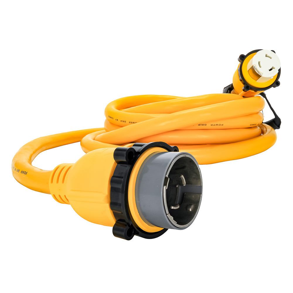 Camco 50 Amp Power Grip 25-foot marine extension cord with locking connectors and heavy-duty yellow PVC sheath