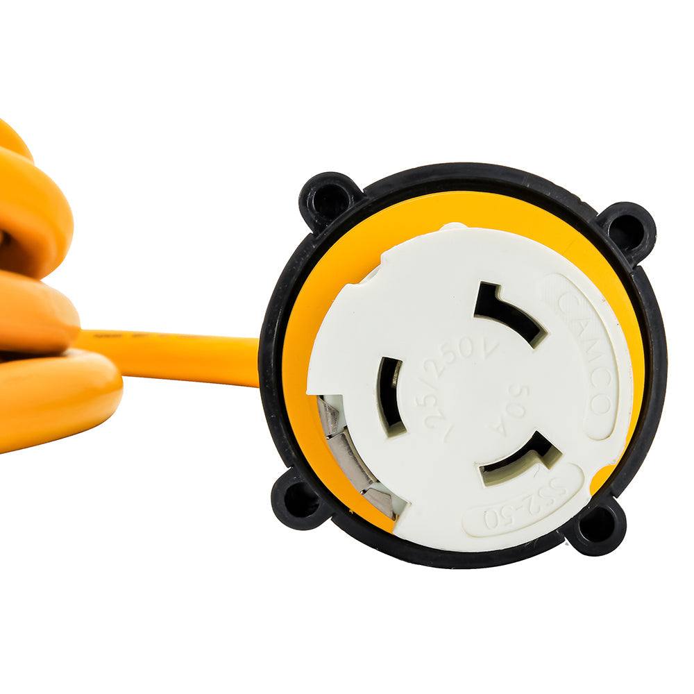 Camco 50 Amp Power Grip marine extension cord 25 feet with yellow flexible heavy-duty PVC sheath and locking connectors