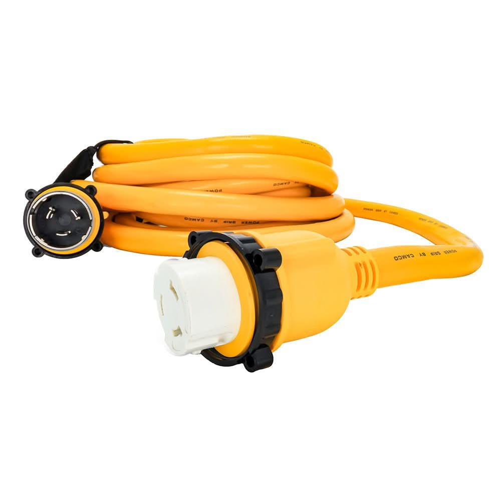 Camco 50 Amp Power Grip marine extension cord 25-foot yellow with locking connectors