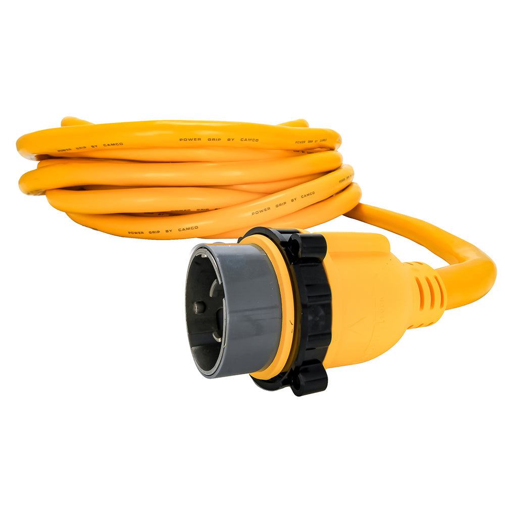 Camco 50 Amp Power Grip 50-foot marine extension cord with locking adapter in yellow