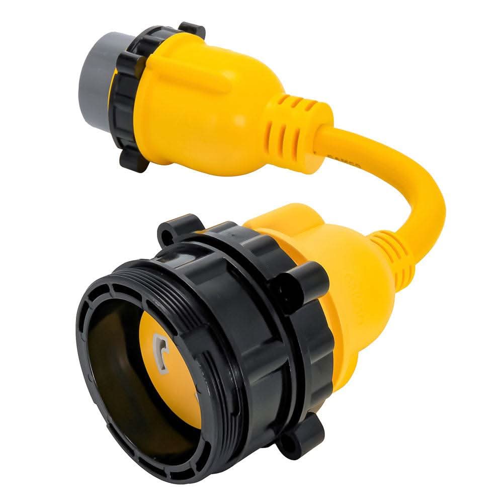 Camco 50AM/30AF Power Grip Marine 12-inch yellow locking adapter with weatherproof threaded ring and durable cord