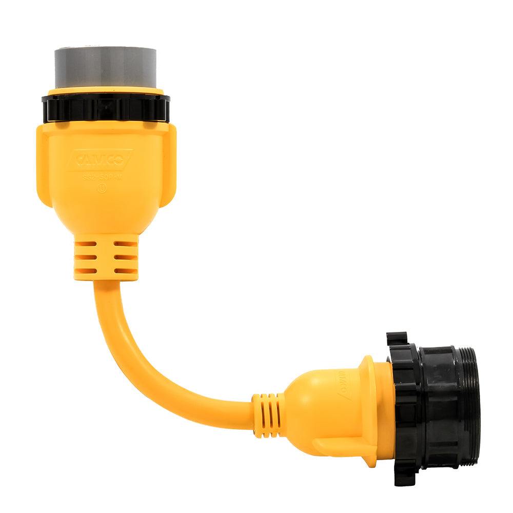 Camco Power Grip Marine 12-inch 50AMP male to 30AMP female locking adapter with weatherproof threaded ring