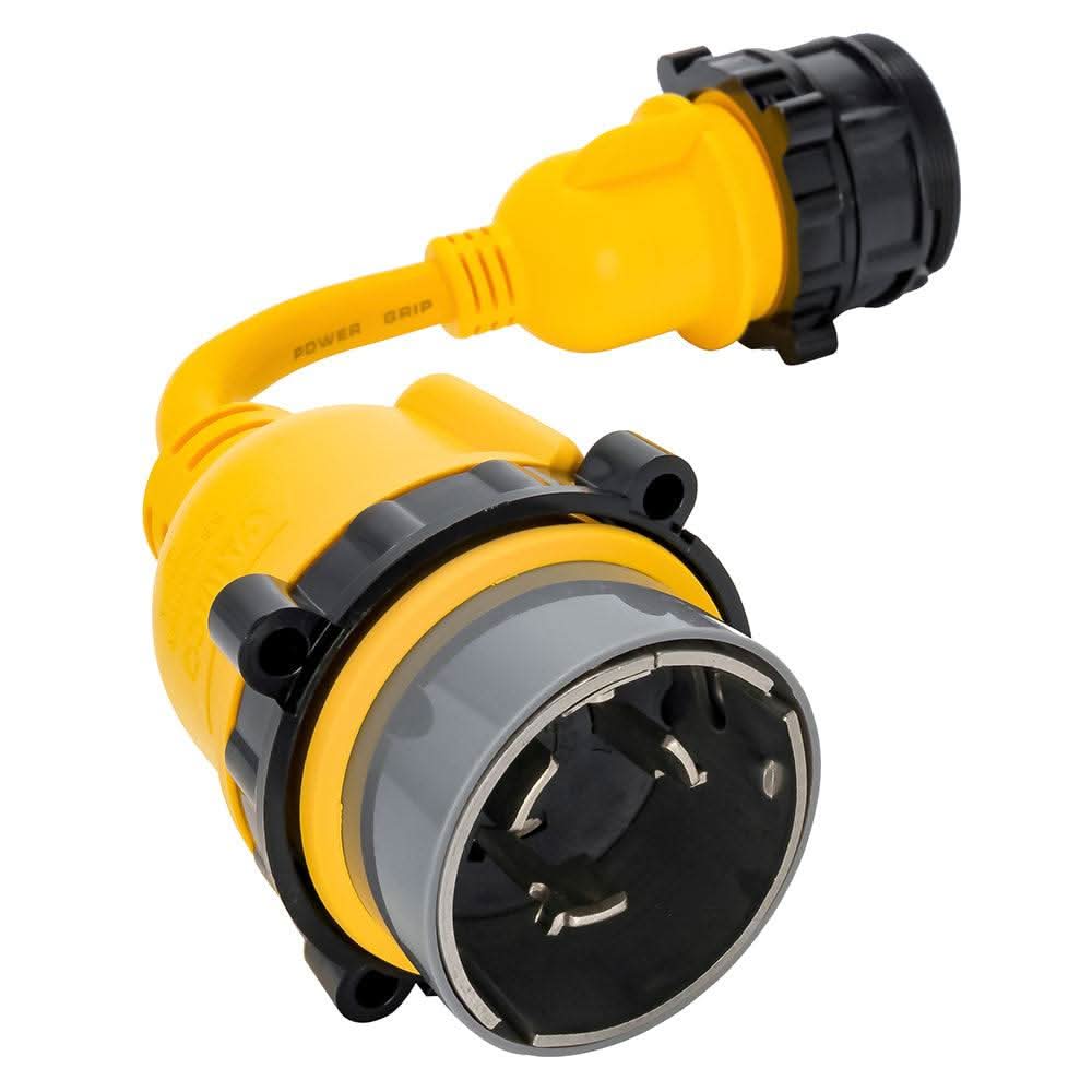 Camco 50AM/30AF Power Grip 12-inch marine locking adapter with weatherproof connection and durable yellow cord