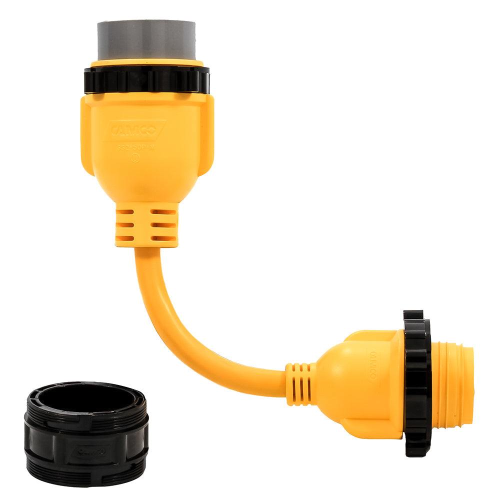 Camco Power Grip Marine 12-inch 50AMP male to 30AMP female locking adapter with weatherproof threaded ring
