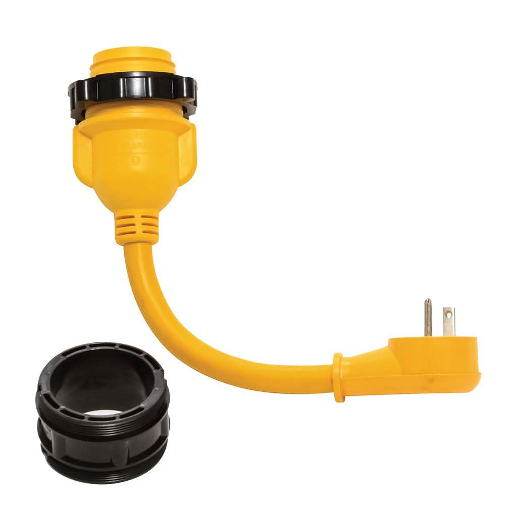 Camco 15AM/30AF Power Grip 12-inch marine dogbone adapter with locking ring and weatherproof connection
