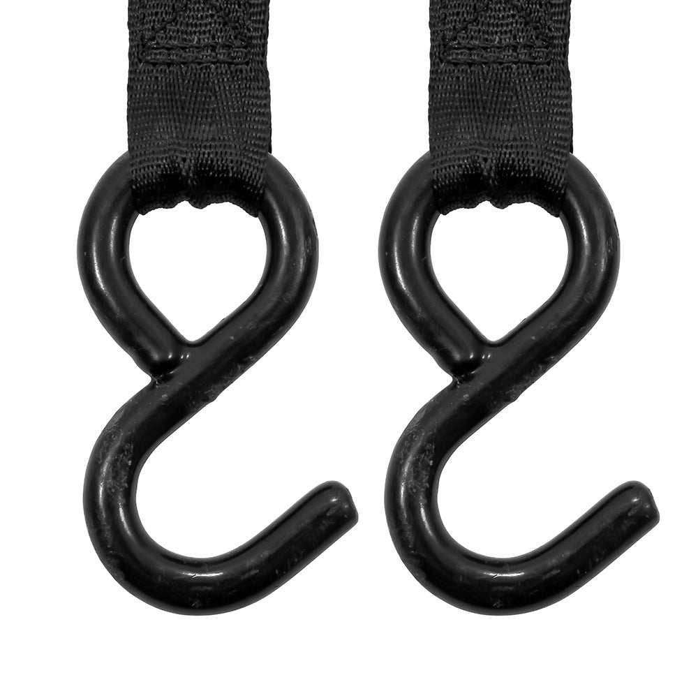Close-up of black metal hooks attached to retractable tie down straps for securing loads