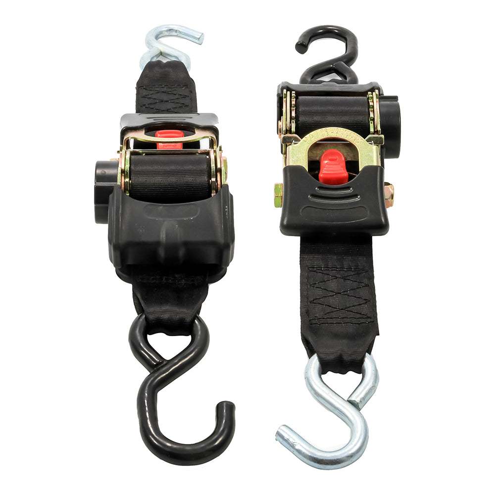 Camco retractable tie down straps with 2-inch width and dual hooks for securing boats and cargo