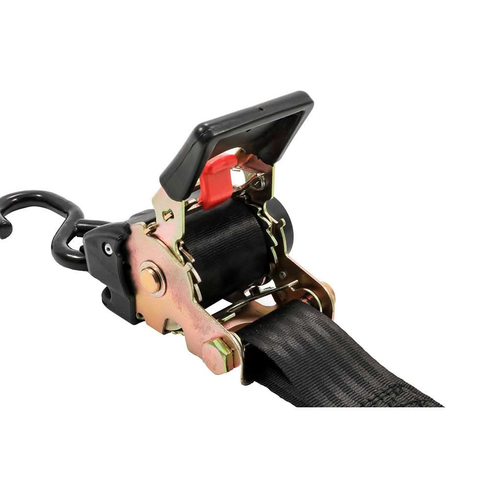 Camco retractable tie down strap with 2 inch width and dual hooks for securing cargo and boats