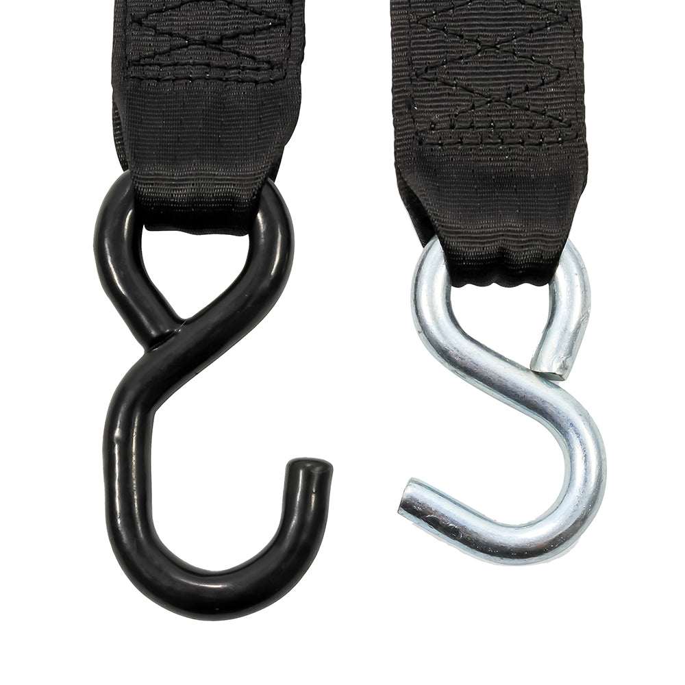 Close-up of Camco Retractable Tie Down Straps with dual hooks, 2-inch width, 6 feet length