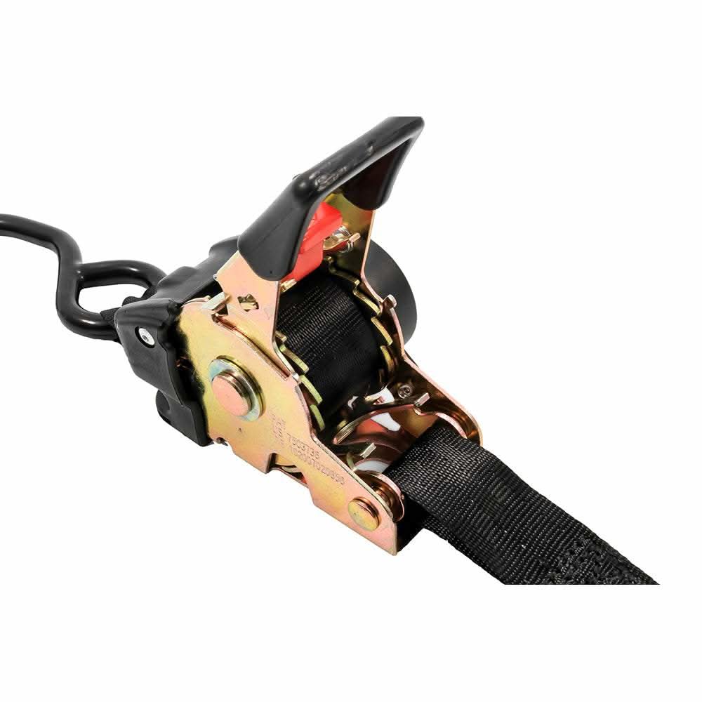 Camco retractable tie down strap with 1-inch width and dual hooks for securing cargo and boats