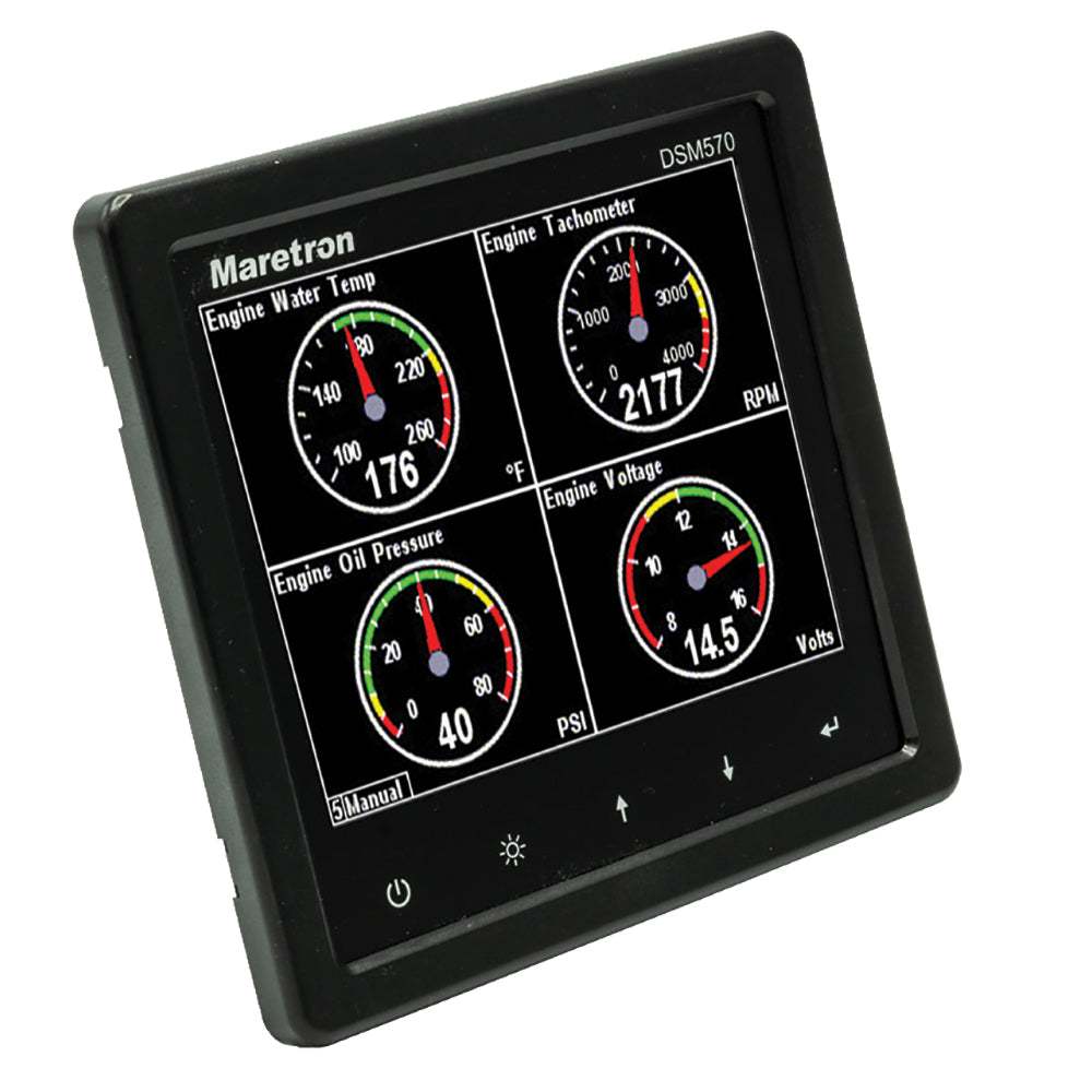 Maretron DSM570 5.7" high resolution color marine display with black enclosure showing engine data gauges
