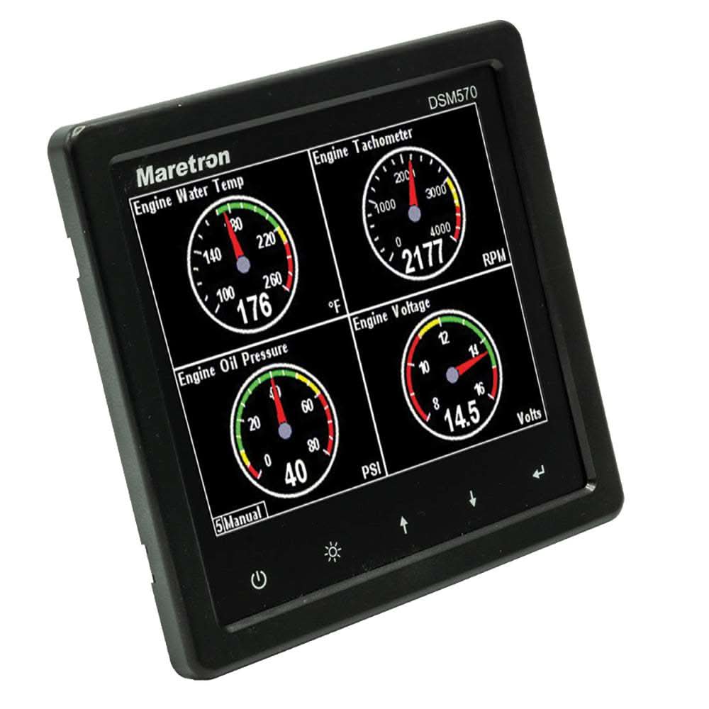 Maretron DSM570 5.7" high resolution color marine display with black enclosure showing engine data gauges