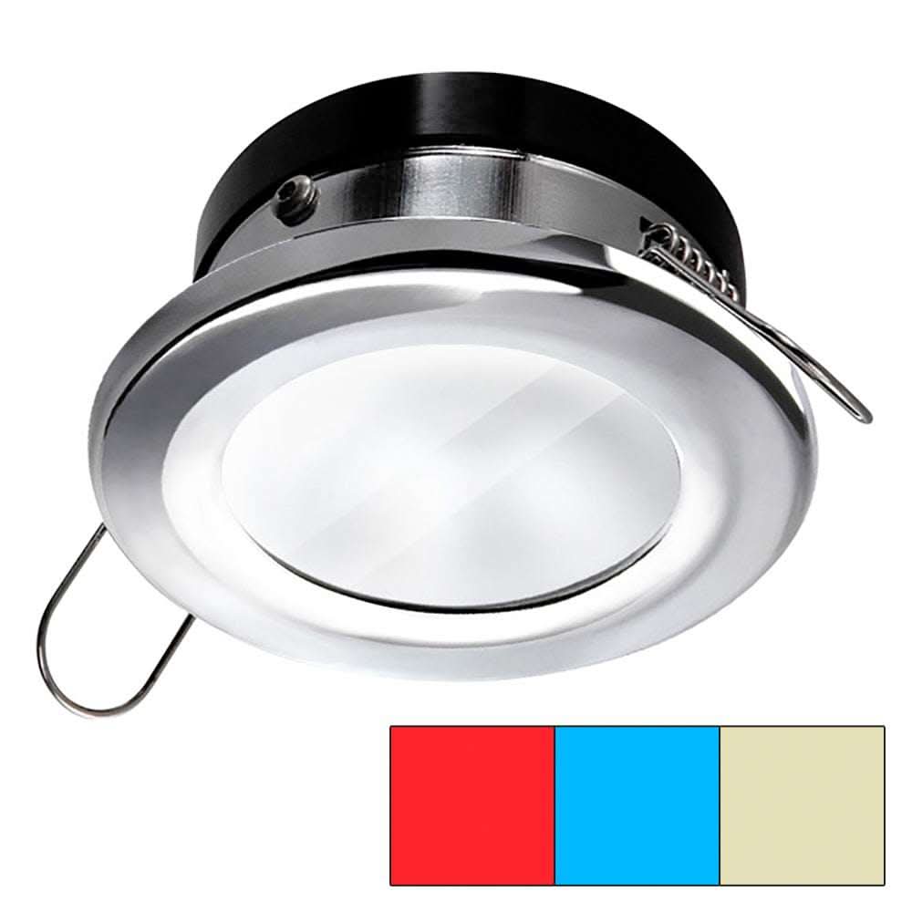 i2Systems Apeiron A1120 round spring mount light with red, warm white, and blue LED colors in polished chrome finish