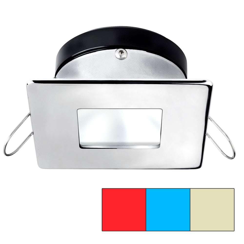 i2Systems Apeiron A1120 square spring mount light with red, warm white, and blue LEDs in polished chrome