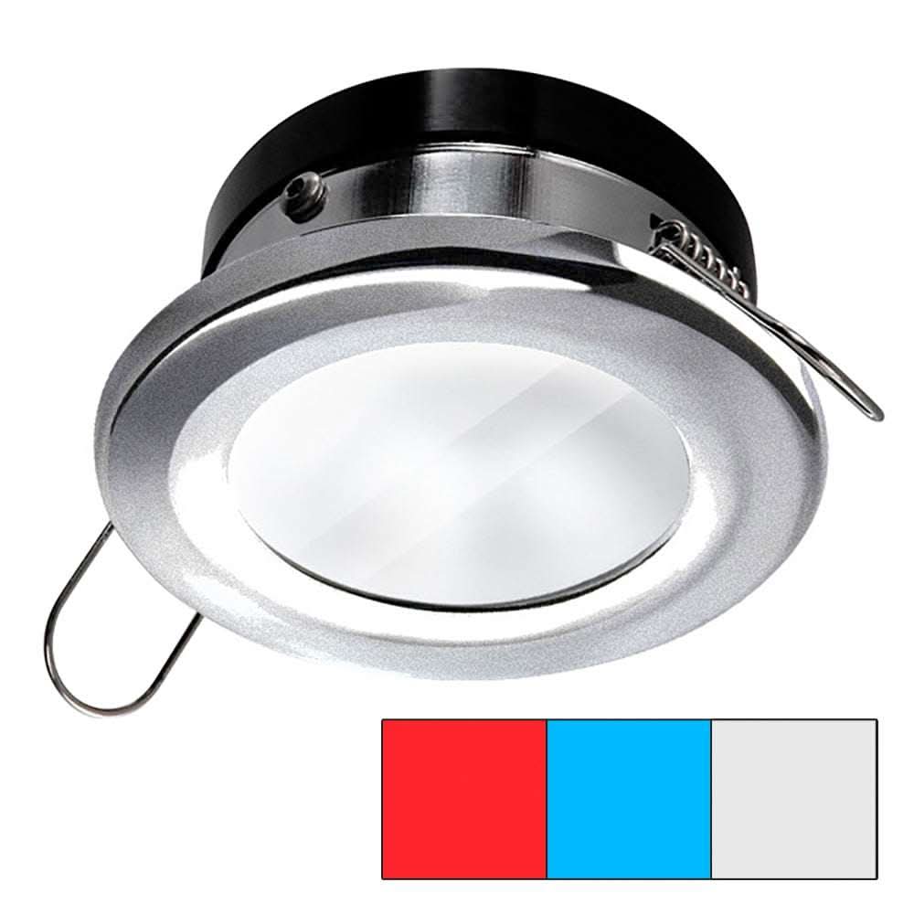 i2Systems Apeiron A1120 round spring mount light with red, cool white, and blue LED colors in brushed nickel finish