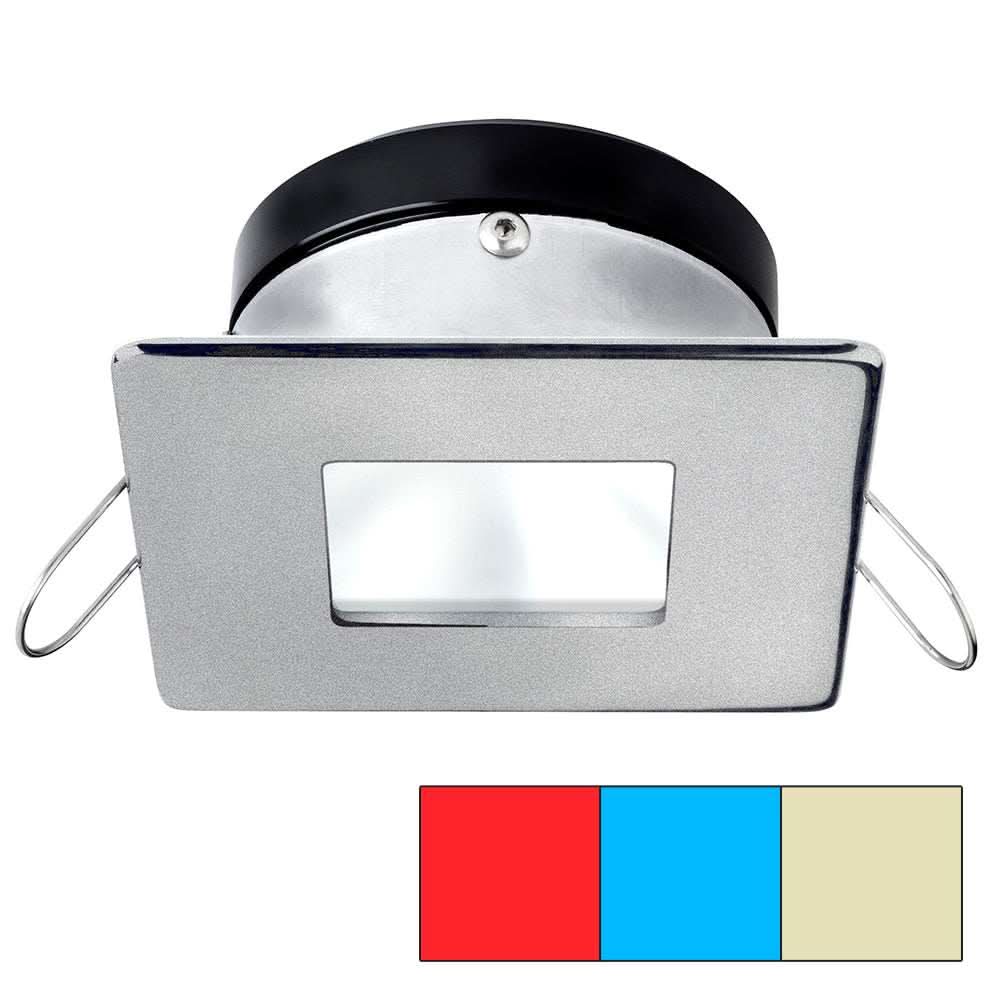 i2Systems Apeiron A1120 square spring mount light with red, warm white, and blue LEDs in brushed nickel finish