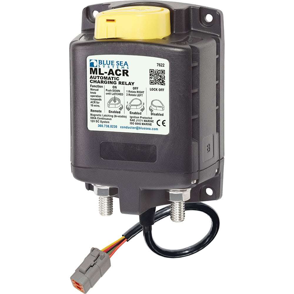 Blue Sea 7622100 ML ACR 12V 500A charging relay with manual control and Deutsch connector