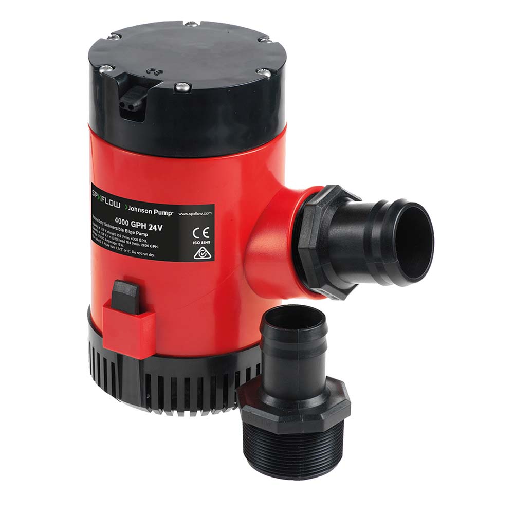 Johnson Pump Heavy Duty 4000 GPH 24V bilge pump with removable check valve and universal base plate