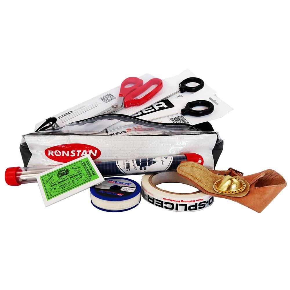 Ronstan Standard Splicing Kit with scissors, splicing tape, needles, leather palm, and pulling tools in a Ronstan splicing bag