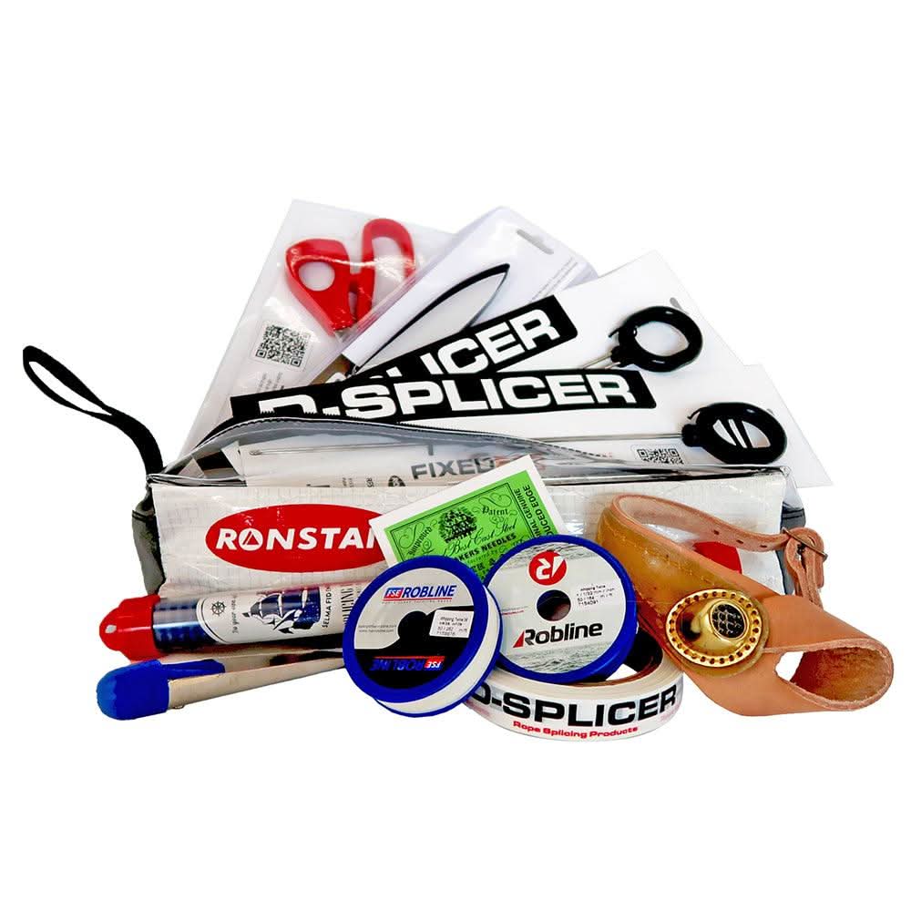 Ronstan Pro Splicing Kit with fids, scissors, splicing tape, needles, whipping twine, leather palm, and splicing bag