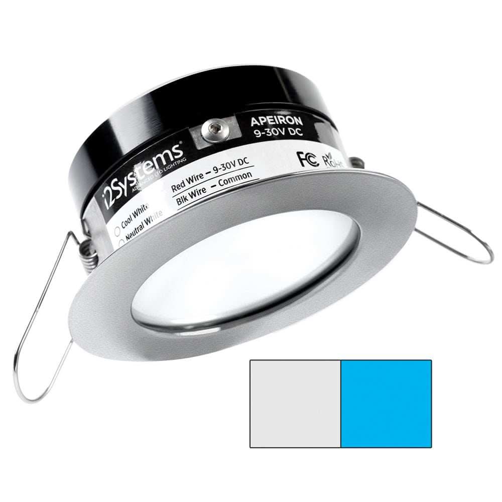 i2Systems Apeiron PRO A503 3W round spring mount marine LED light with cool white and blue colors and brushed nickel finish