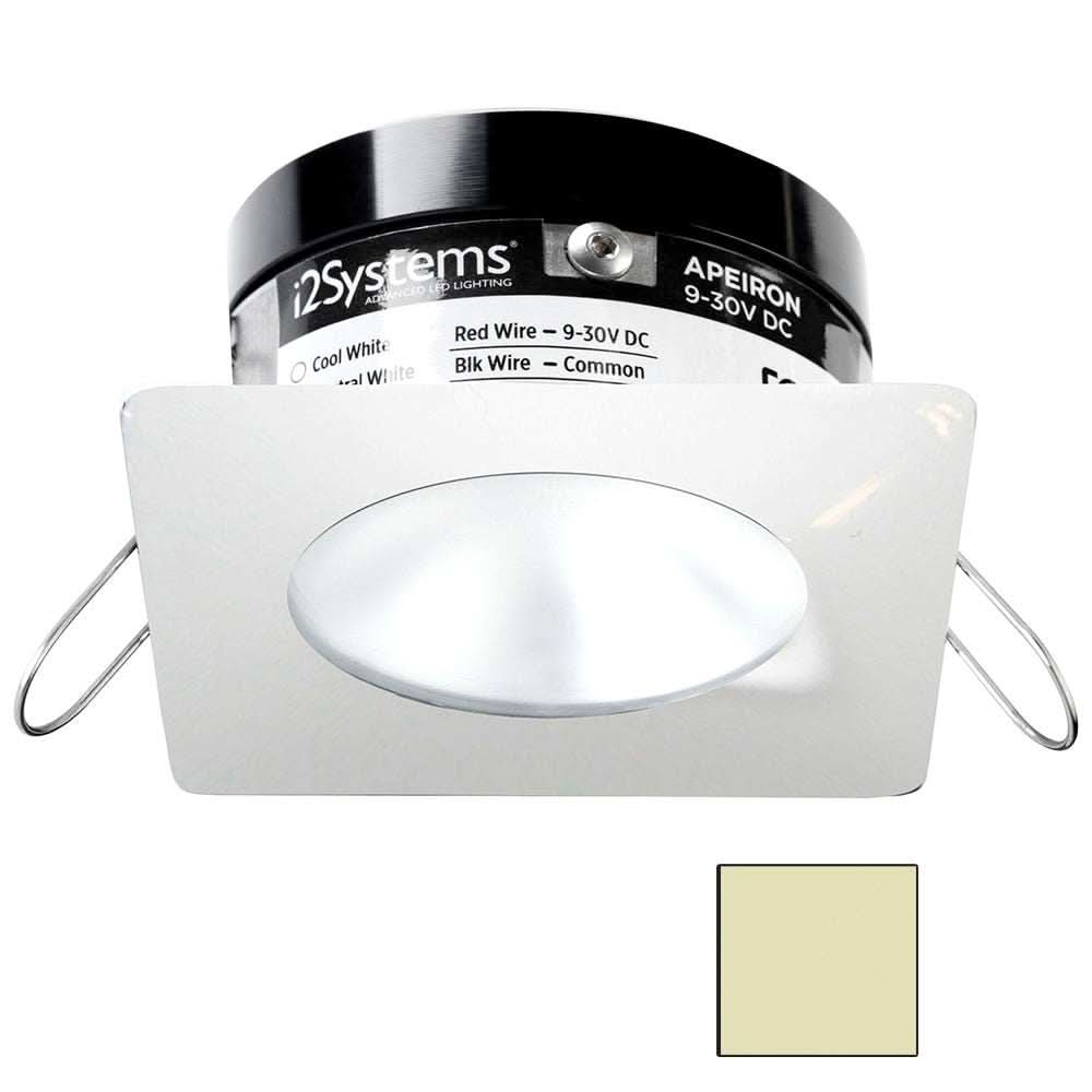 i2Systems Apeiron PRO A503 3W marine LED spring mount downlight in white finish with square trim and warm white light