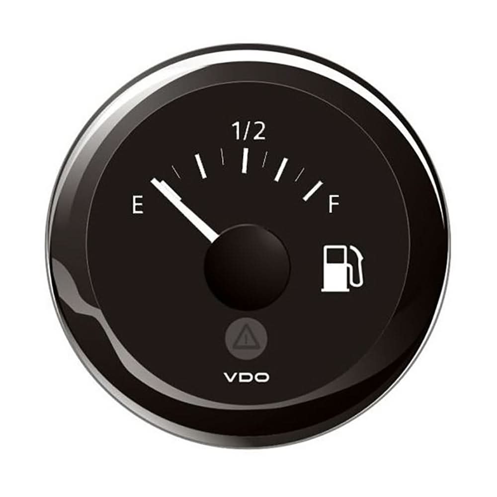 Veratron 52MM Tank Level Gauge with black dial and bezel showing fuel level indicator from empty to full.