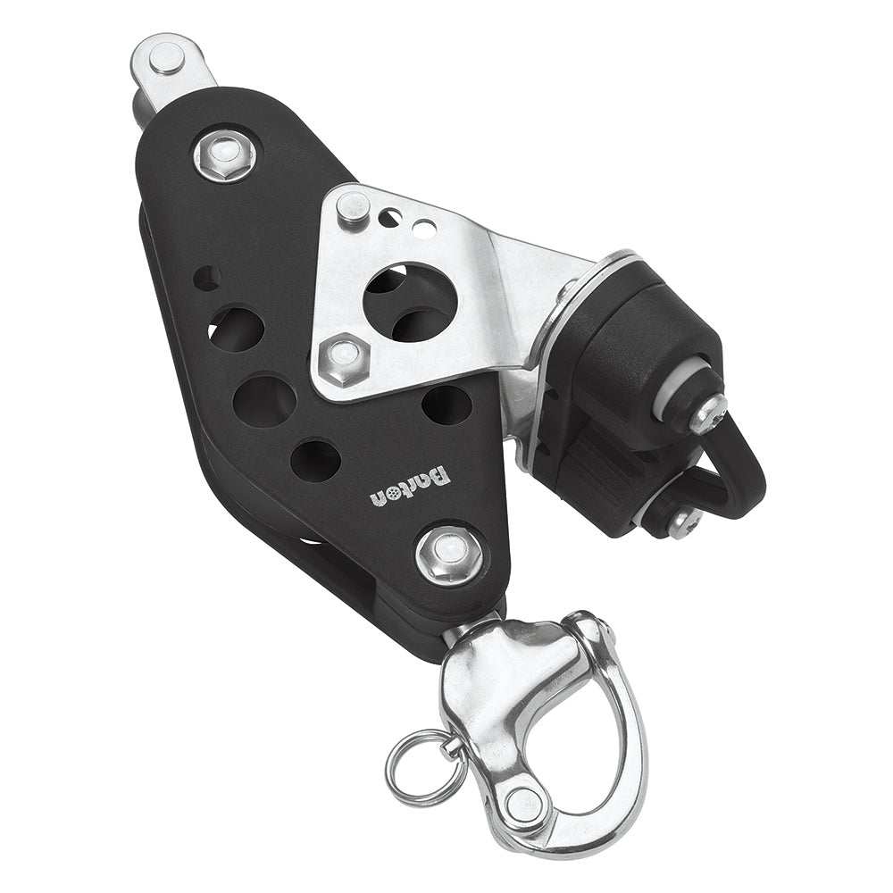 Barton Marine Series 5 fiddle block with snap shackle, becket, and cam, 54mm sheave size, black and silver marine hardware block