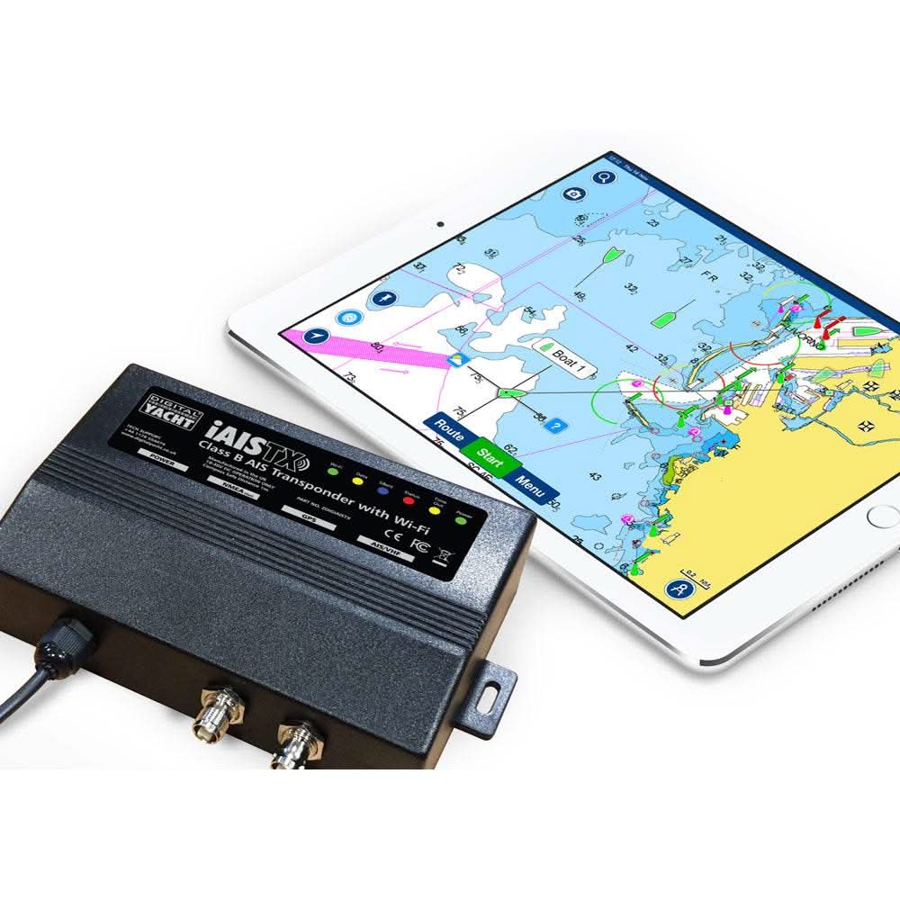 Digital Yacht iAISTX Class B Wireless Transponder with tablet navigation displaying AIS data