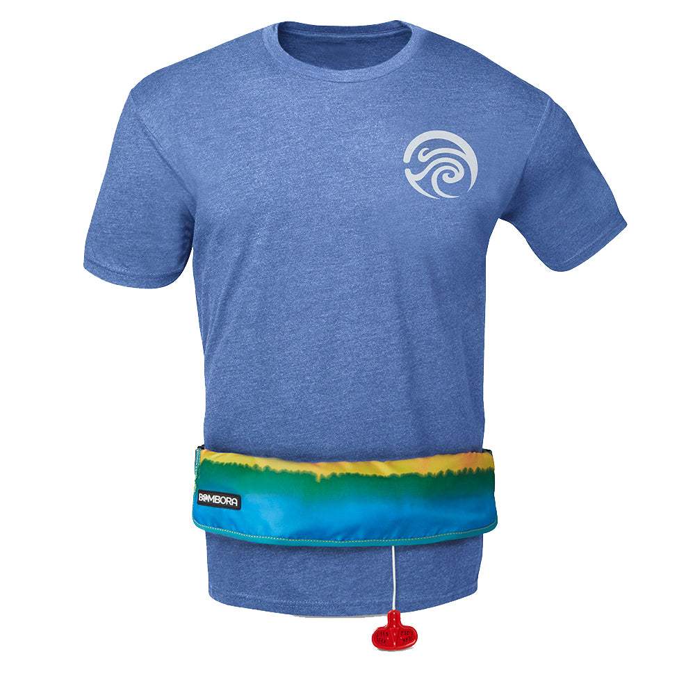 Bombora 16oz Inflatable Belt Pack in Rasta design worn on waist for water safety and buoyancy