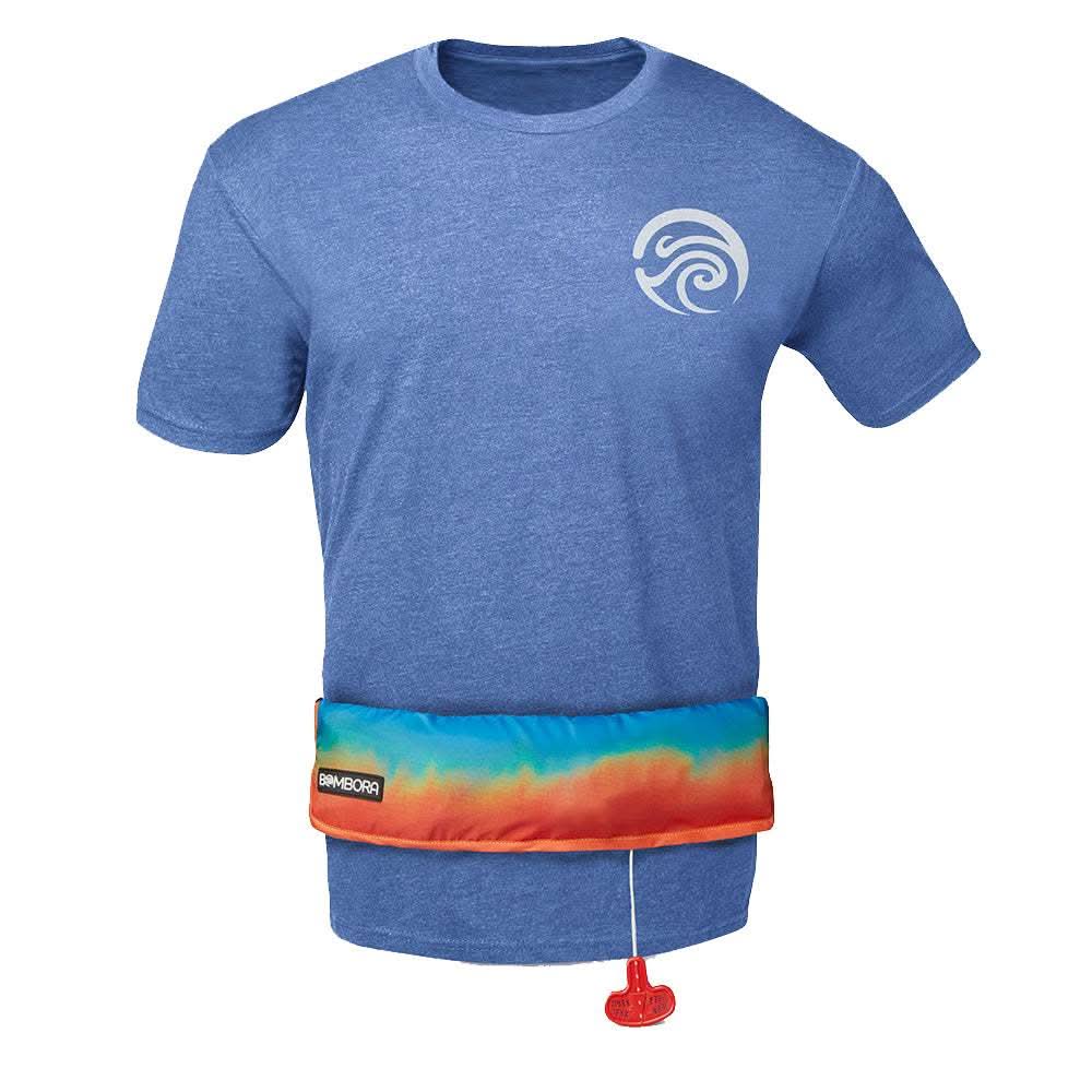 Bombora 16oz inflatable belt pack in sunrise colors worn on blue shirt with manual inflation cord and D-ring attachments