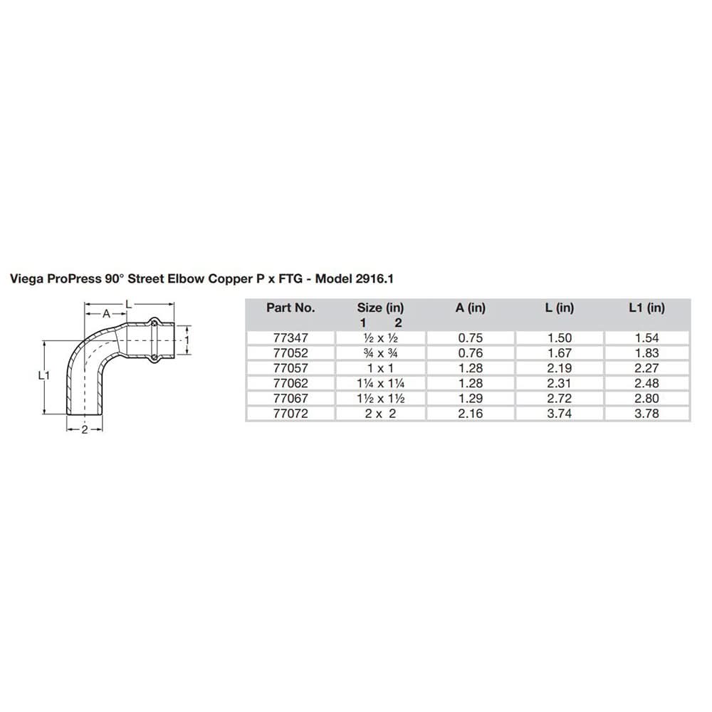 Viega Propress 1/2" - 90 Degree Copper Elbow - Street/Press Connection - Smart Connect Technology - 77347