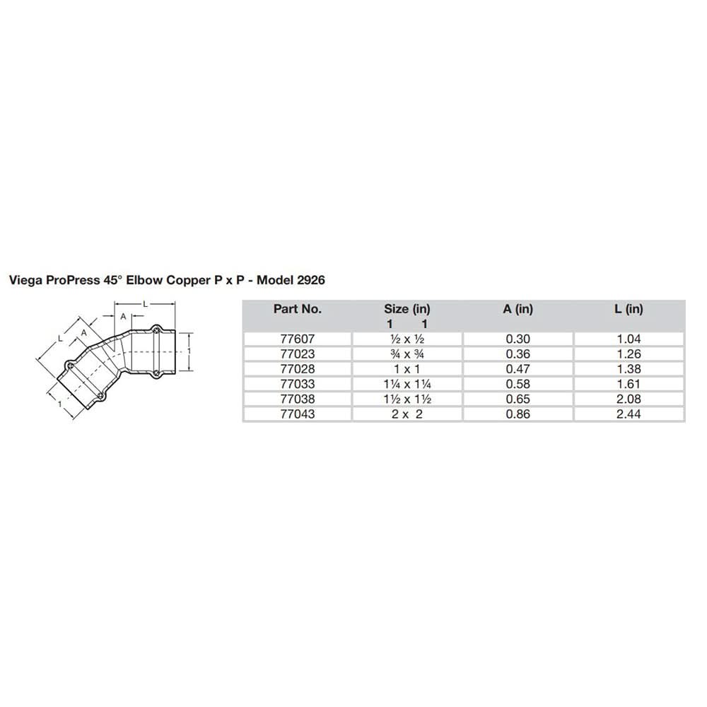 Viega ProPress 1-1/2" - 45 Degree Copper Elbow - Double Press Connection - Smart Connect Technology - 77038