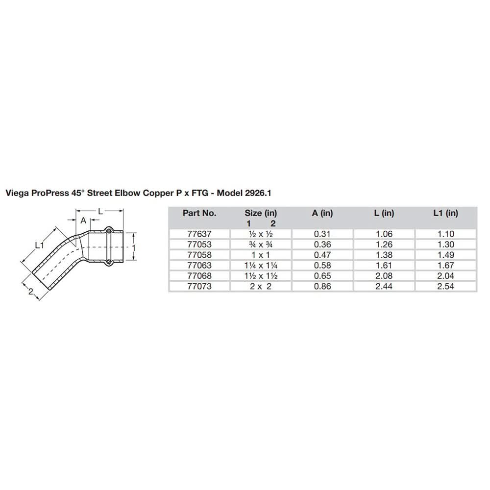Viega ProPress 1-1/2" - 45 Degree Copper Elbow - Street/Press Connection - Smart Connect Technology - 77068