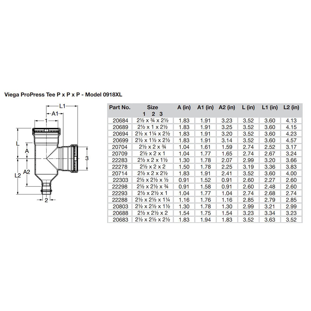 Viega ProPress XL 2-1/2" Copper Tee - Triple Press Connection - Smart Connect Technology - 20683