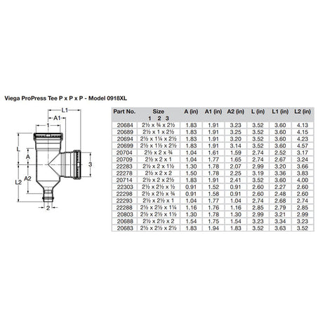 Viega ProPress XL 2-1/2" Copper Tee - Triple Press Connection - Smart Connect Technology - 20683