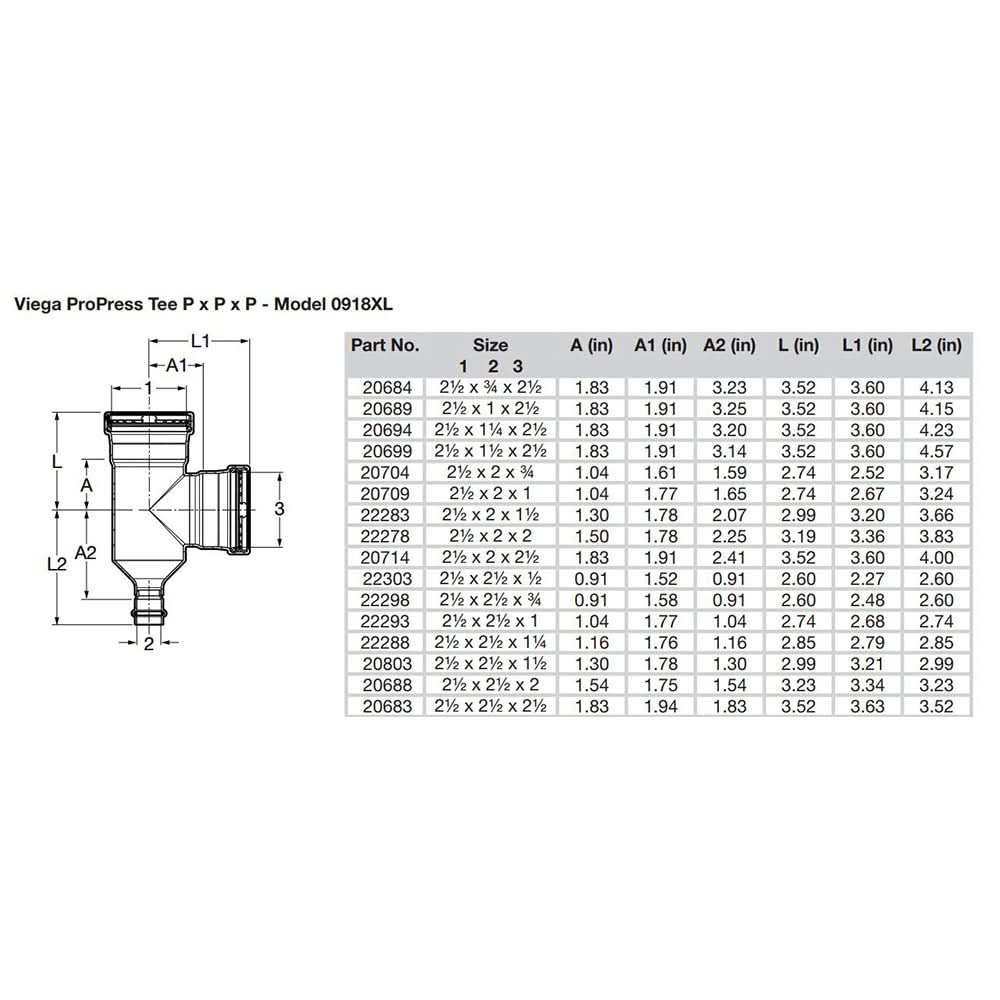 Viega ProPress XL 2-1/2" Copper Tee - Triple Press Connection - Smart Connect Technology - 20683