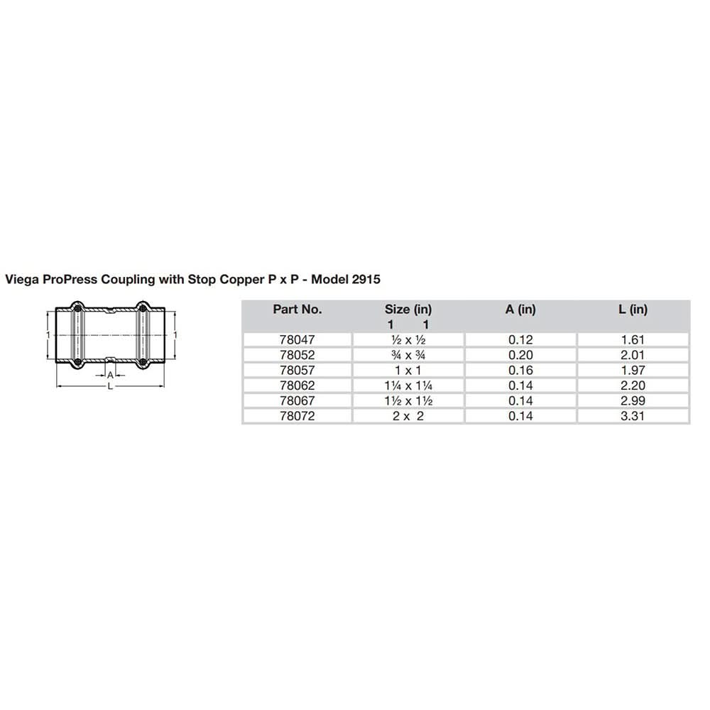Viega ProPress 1/2" Copper Coupling with Stop - Double Press Connection - Smart Connect Technology - 78047