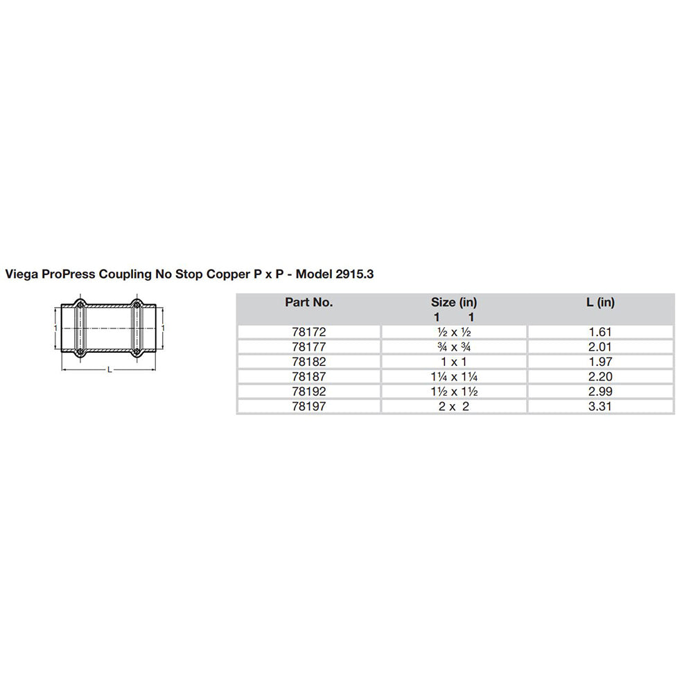Viega ProPress 3/4" Copper Coupling without Stop - Double Press Connection - Smart Connect Technology - 78177