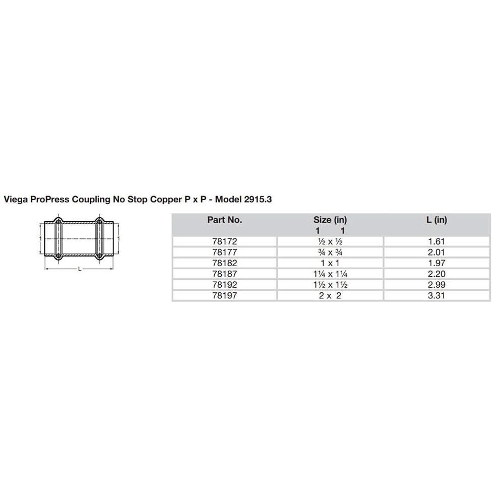 Viega ProPress 1-1/2" Copper Coupling without Stop - Double Press Connection - Smart Connect Technology - 78192