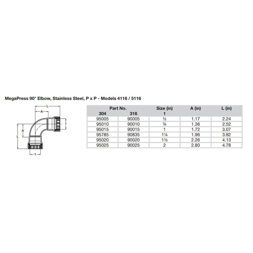 Viega MegaPress 1-1/2" 90° Stainless Steel 304 Elbow - Double Press Connection - Smart Connect Technology - 95020