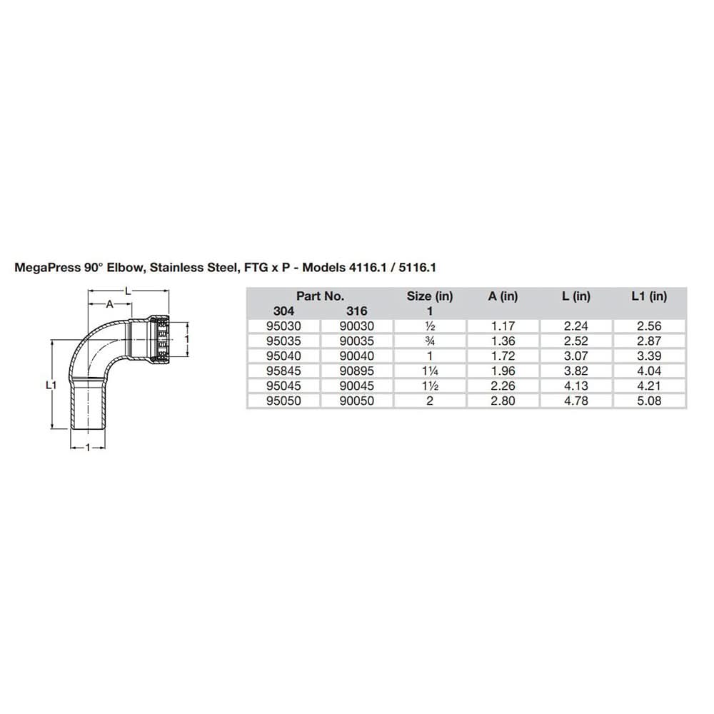 Viega MegaPress 1-1/2" 90° Stainless Steel 304 Elbow Street - Press Connection - Smart Connect Technology - 95045