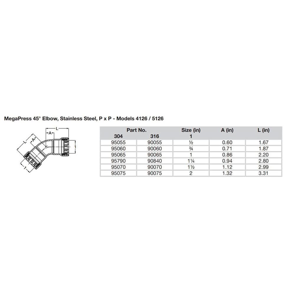 Viega MegaPress 1" 45° Stainless Steel 304 Elbow - Double Press Connection - Smart Connect Technology - 95065